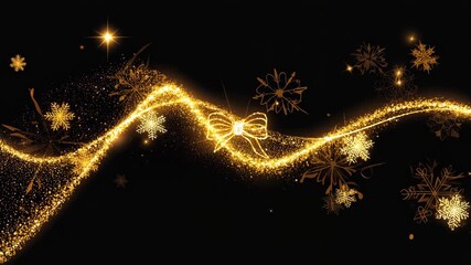 Elegant Christmas background with a golden sparkling light trail, bow, and snowflakes on a black backdrop. Luxury holiday design for New Year's or winter celebrations. - Powered by Adobe