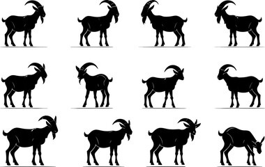 Goat repeat pattern pack, roaming herd silhouette tiles, animal motif seamless elements, varied horn angles, pastoral livestock vector set