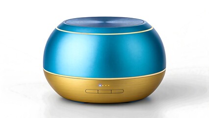 Photorealistic 3D Blue Metallic Sphere with Gold Metallic Base, Glossy Finish and Intricate Contemporary Minimalist Design 
