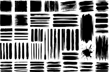 Grunge brush stroke pattern set, repeatable distressed stripes and marks, textured grid elements, inky seam tiles, artistic background vectors
