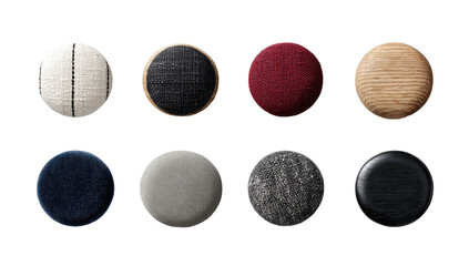 Nine round decorative objects, various colors and materials, viewed from above. 