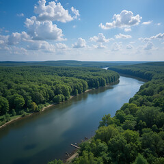 Fototapeta premium Scenery Of River And Lush Vegetation In Mousetail Landing State Park, Linden,Tennessee, USA - aerial shot
