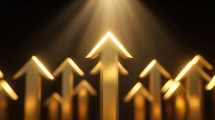 Golden arrows pointing upwards symbolize growth and success, illuminated by spotlight against dark background, creating dramatic and inspiring atmosphere