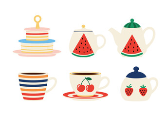 Whimsical ceramic tea set collection featuring fruit motifs and colorful stripes for delightful beverage service
