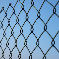 Fototapeta premium Chain-Link Fence Pattern Against Clear Blue Sky – Geometric Metal Wire Design with Diamond Shapes