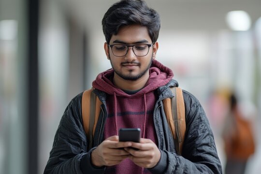 Indian young male student standing inside a campus, office, or university, using a phone, fully engaged in managing communication or personal tasks while balancing academic, Generative AI - Powered by Adobe