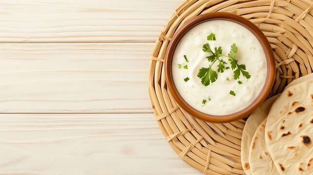 Creamy raita and roti on a woven mat