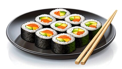 Maki Sushi on Plate with Chopsticks, Traditional Japanese Cuisine with Rice and Nori in High Quality Realistic Food Photography Studio Lighting 
