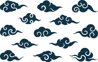 Stylized cloud pattern tiles, blue ornamental cloud silhouettes, seamless decorative motif set, bold sky elements for textile wallpaper, vector repeats