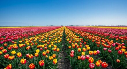 Fototapeta premium Tulips spring background, vibrant tulip field under blue sky