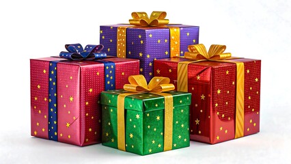 Colorful Wrapped Present Boxes with Ribbons and Bows, Festive Decorative Gifts for Holiday, Birthday, Christmas, and Celebration Parties 
