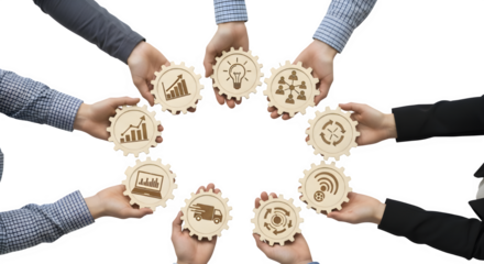 Business Teamwork with Gear Symbols | Collaborative Hands Holding Cogwheels with Business Growth Icons for Success and Partnership