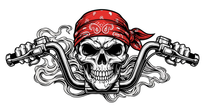 Bold Vector SVG Illustration of Skull with Red Bandana and Motorcycle Handles in Modern Line Art Style for Edgy Design - Powered by Adobe