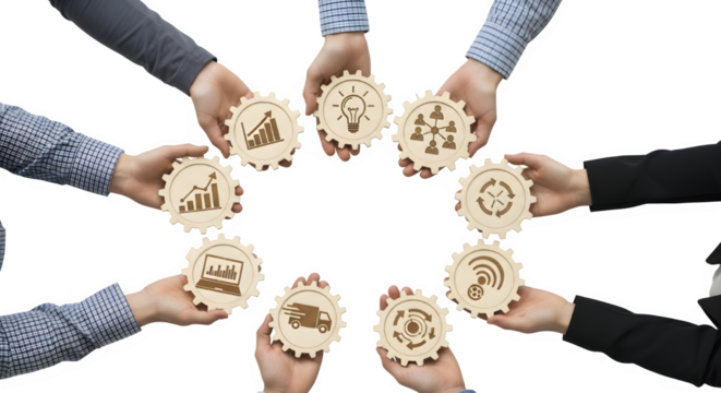 Business Teamwork with Gear Symbols | Collaborative Hands Holding Cogwheels with Business Growth Icons for Success and Partnership