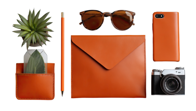 Flat lay of burnt orange accessories