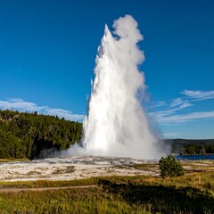 Towering geyser erupts steam against a clear sky