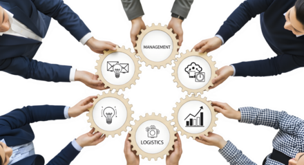 Business Team Holding Gears with Management, Logistics, and Strategy Icons | Concept for Collaboration, Teamwork, and Business Solutions