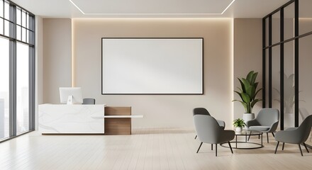 Modern Office Lobby Interior with Blank White Frame Mockup | Reception Area with Seating and City View for Corporate Branding
