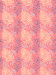 Fototapeta premium Leaf tropical seamless pattern line art element abstract.Leaves botanical hand drawn pastel color vector background.Foliage outlines flat style autumn illustration.Design for print,textile,wrap,paper.