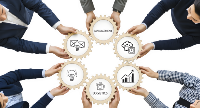 Business Team Holding Gears with Management, Logistics, and Strategy Icons | Concept for Collaboration, Teamwork, and Business Solutions - Powered by Adobe
