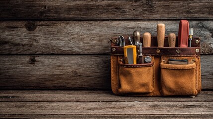Leather tool pouch filled with various tools on a rustic wooden surface.