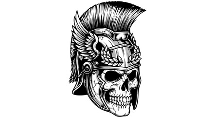 Fototapeta premium Minimalist Vector SVG Illustration of Skull with Greek Helmet in Black and White Flat Style for Web and Tattoo Design