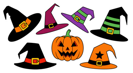 Vector SVG Illustration of Halloween Witches Hats and Pumpkin in Flat Geometric Style with Bright Colors for Digital Applications