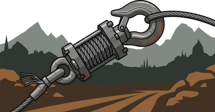 An illustrated close-up of a heavy-duty winch with a snapped, frayed steel cable and hook in a rugged, mountainous off-road environment.