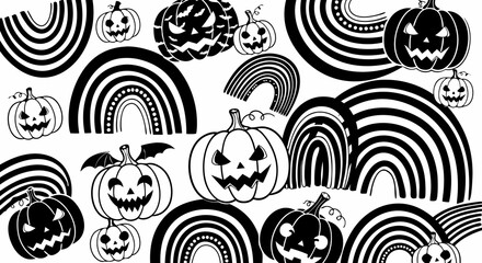 Vector SVG Halloween Pumpkins Pattern with Rainbow Arches in Flat Design Style for Web and Digital Use