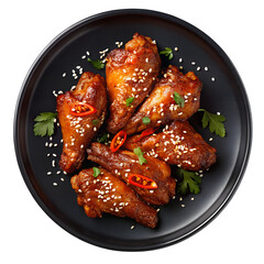 Spicy Roasted Chicken Wings with Sesame Seeds and Chili Flakes Isolated on Transparent PNG Background for Culinary, Restaurant, and Menu Design