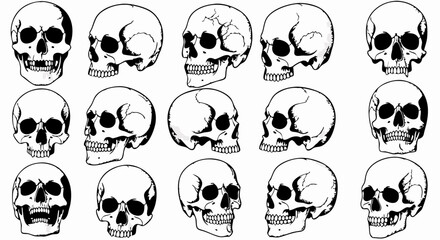 Minimalist Vector SVG Skull Icons Set with Cracked Effect in Monochrome Style
