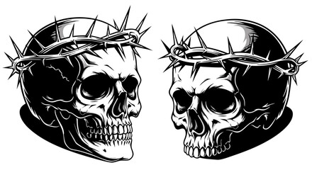 Black and White Vector SVG Illustration of Skulls with Crown of Thorns in Gothic Style for Tattoo Design and Dark Art