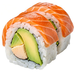Photorealistic Salmon Avocado Sushi Roll with Glossy Salmon Slices and Creamy Avocado Isolated on Transparent PNG Background for Japanese Cuisine and Food Design