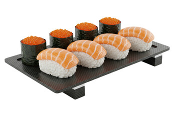 Isolated platter of nigiri and gunkan maki sushi with fish roe and fresh salmon fillets