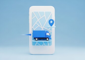 Smartphone displaying a map with a delivery truck icon and a location pin, representing online delivery tracking
