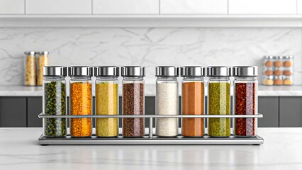 Modern Kitchen Interior with Cylindrical Glass Jars of Colorful Spices and Herbs on Wooden and Metal Shelving Unit, Minimalist Design with Natural Lighting and Textured Tile Backsplash 
