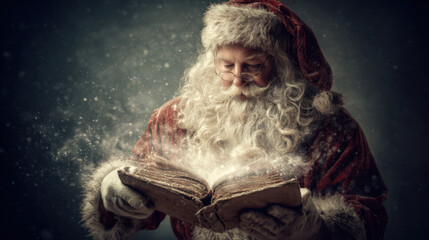 Fototapeta premium Santa Claus reading magical book, surrounded by sparkling snowflakes, evokes sense of wonder and joy during festive season. warm colors and soft lighting enhance enchanting atmosphere