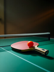 A ping pong paddle and ball on a green table with dramatic side lighting