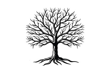 Detailed black ink silhouette of a bare deciduous tree with intricate branches and visible roots isolated on white background