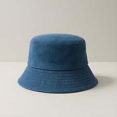 Blue Corduroy Bucket Hat Fashion Accessory, Minimal Studio Mockup of Blue Bucket Hat, Stylish Blue Corduroy Hat on Neutral Background