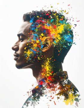 Abstract portrait of a man with vibrant confetti exploding from his head art