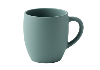 Isolated bluish green ceramic mug stands in three-quarter view, suitable for tea or coffee