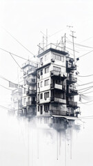 Fototapeta premium Monochrome apartment structure shrouded in mist with intricate wiring details