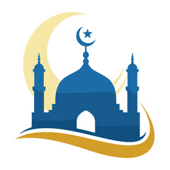 Blue Mosque Silhouette With Crescent Moon And Golden Swirls On White Background islam islamic