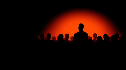 Silhouette of person stands out against vibrant orange background, surrounded by crowd of indistinct figures. scene evokes sense of mystery and intrigue, highlighting contrast between individual