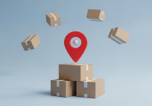 3d render of a red location pin hovering over a stack of cardboard delivery boxes with more boxes floating around them on a blue background