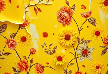 Faded yellow floral wallpaper, peeling at edges,  distressed, chipped