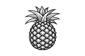 Detailed black and white illustration of a pineapple in a silhouette style presented isolated on white background