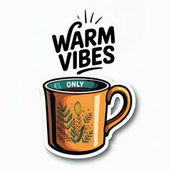 Orange mug with botanical design, sticker style, warm vibes-