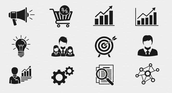 Business strategy marketing analysis icons set for growth success and financial performance management plan